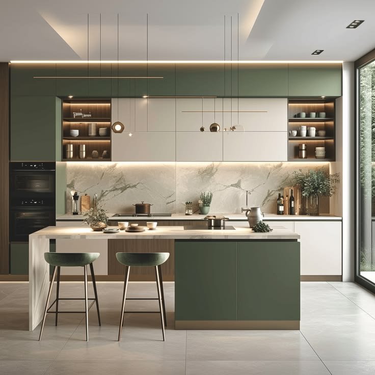 Olive green and walnut kitchen colour combination
