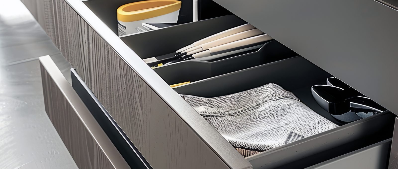 Drawer organisers used to maximise storage in a small kitchen
