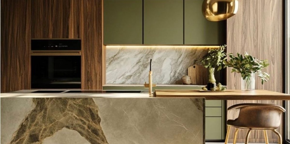 Olive green and walnut kitchen colour combination