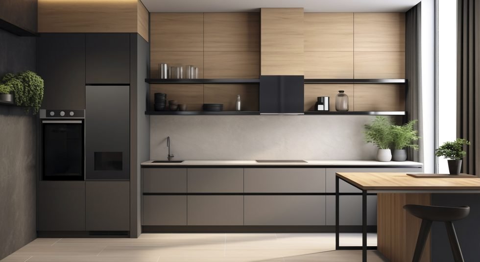 Built-in oven and tall appliance column in a handleless kitchen