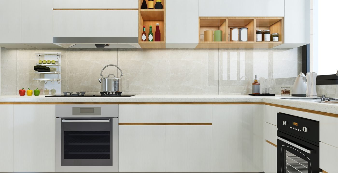 Completed Scandinavian modular kitchen in white and wood, Karara project