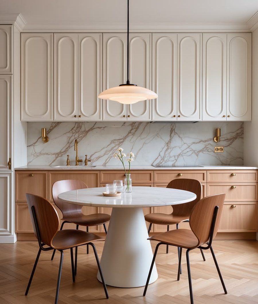Open-plan classic kitchen project with marble splashback and dining