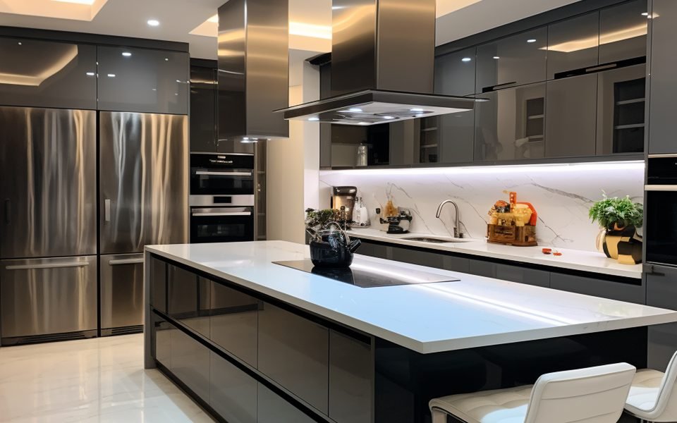 Built-in oven, hob and refrigerator integrated into a dark kitchen