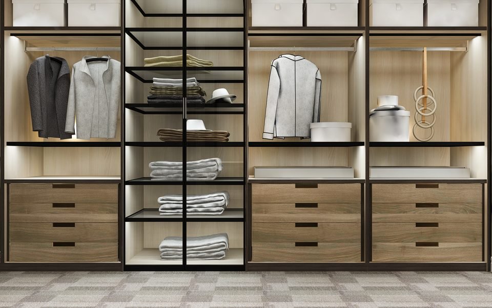 Custom wardrobe storage system with shelves, drawers and hanging rails